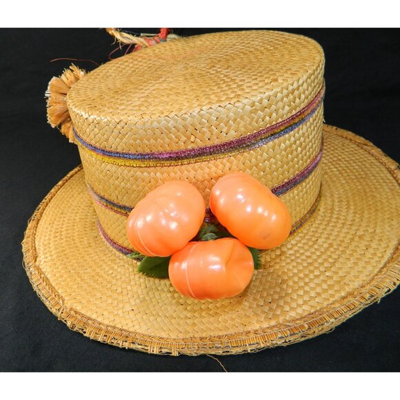 Vtg Italian Straw Hat With Figurine & Accents 1950s Boater Gatsby Autumn Fall - Picture 4 of 16